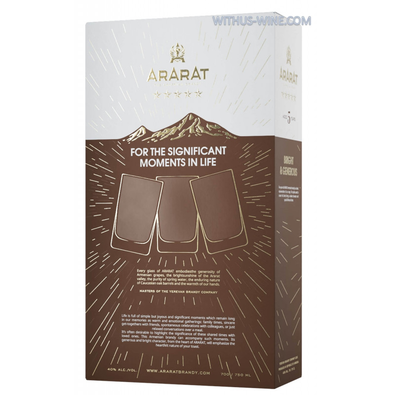 ARARAT Brandy 5 jaar 700ml, 40% + 3 glazen